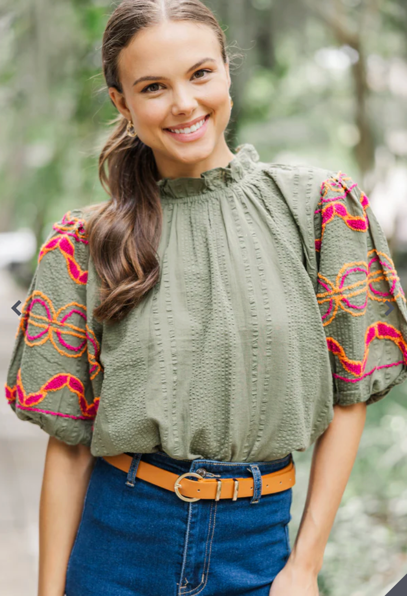 THML Let You Know Olive Green Embroidered Blouse size XS
