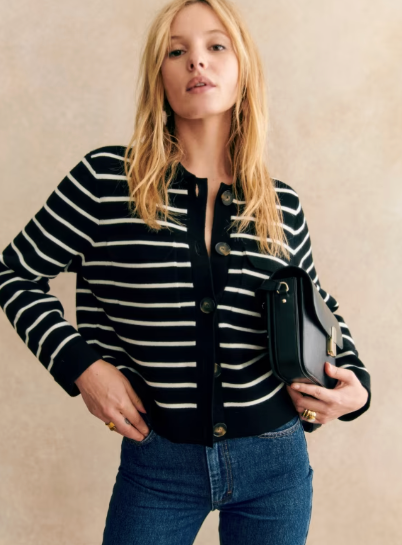 Sezane Betty Cardigan in Black Ecru size XXL