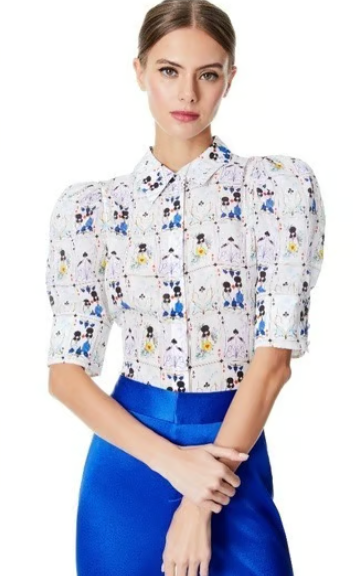 Alice and Olivia Willa Printed Silk Puff Sleeve Top size S