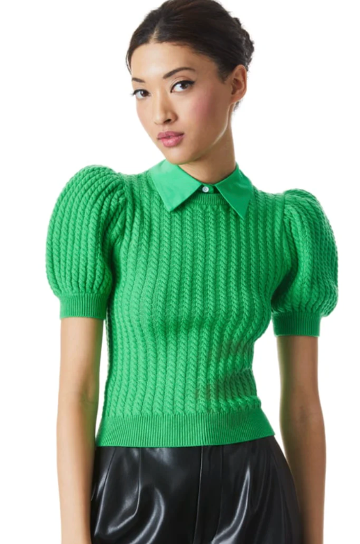 Alice and Olivia Chase Puff Sleeve Cable Knit Top size S