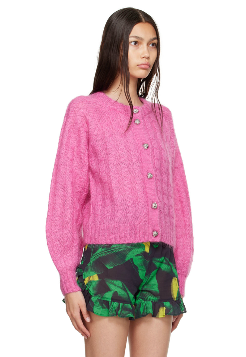 Ganni Cable Knit Mohair-Blend Cardigan Pink size S