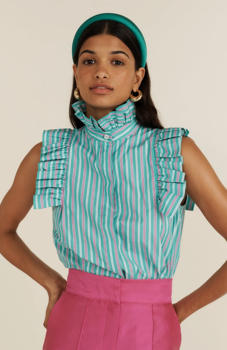 Maria De La Orden Mizou Striped Ruffle Sleeveless Blouse size 36 US 4