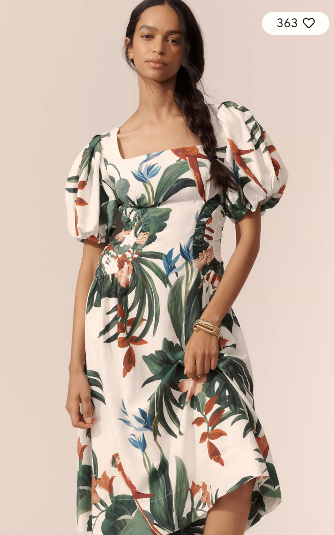 Farm Rio Midnight Macaw Fiesta Linen Blend Puff-Sleeve Midi Dress size M