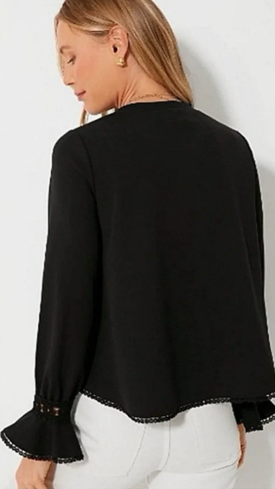 Pomander Place Black Palmer Blouse Bell Sleeve with Lace Trim size S