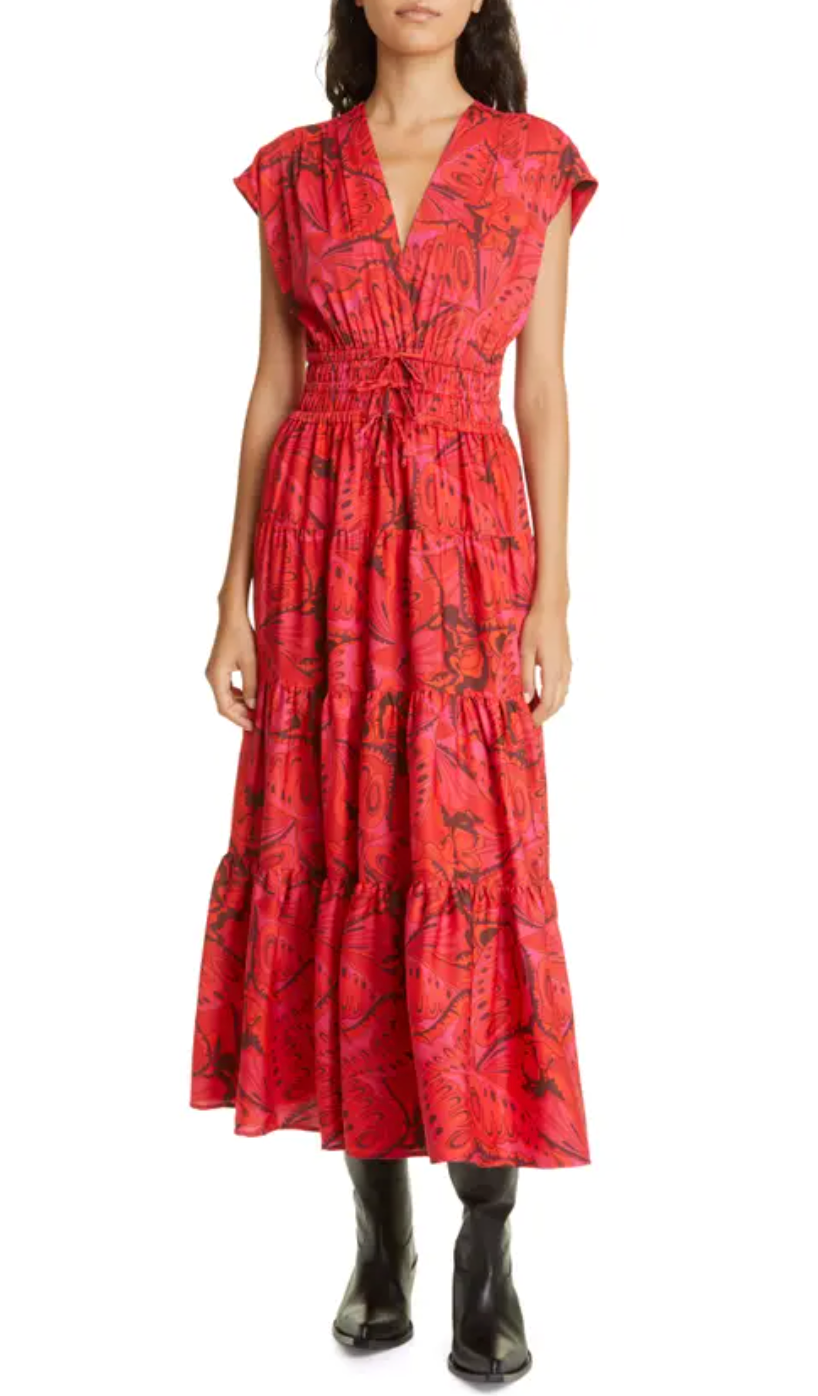 Derek Lam Fatima Tiered Printed Satin-Crepe Midi Dress size 0