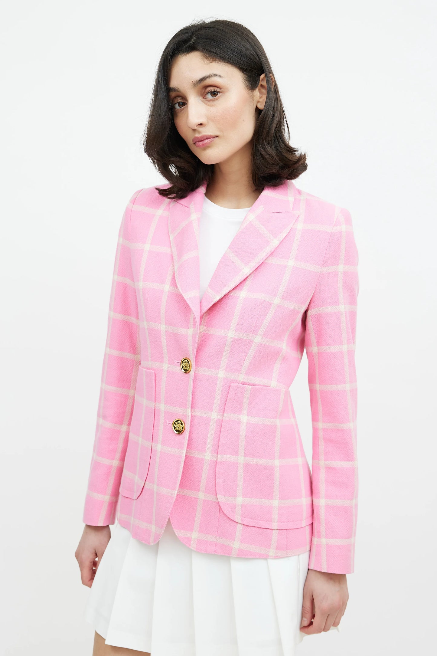 Smythe Portrait Neck Blazer in Pink Windowpane size 10