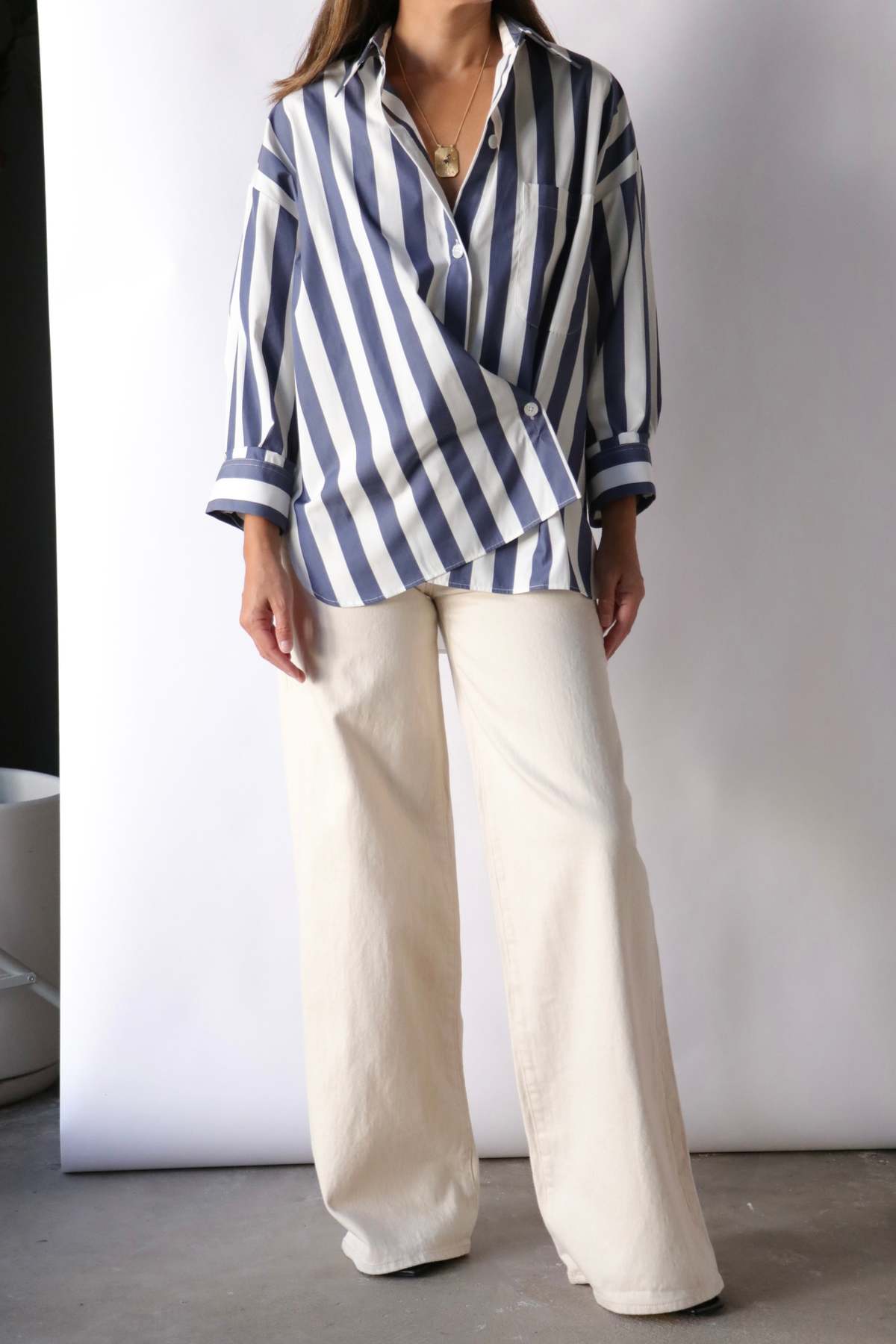 TWP New Earl Shirt in Wider Stark Stripe Indigo size XS/S