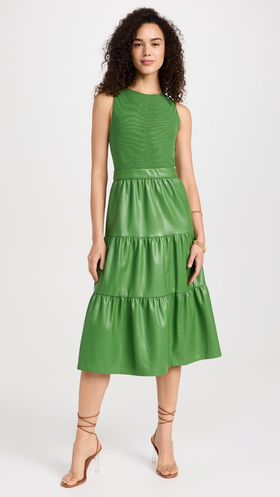 Alice and Olivia Conley Vegan Leather Tiered Midi Dress in Green size 6