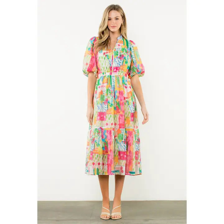 THML Printed Ruffle Collar Puff Sleeve Dress size L