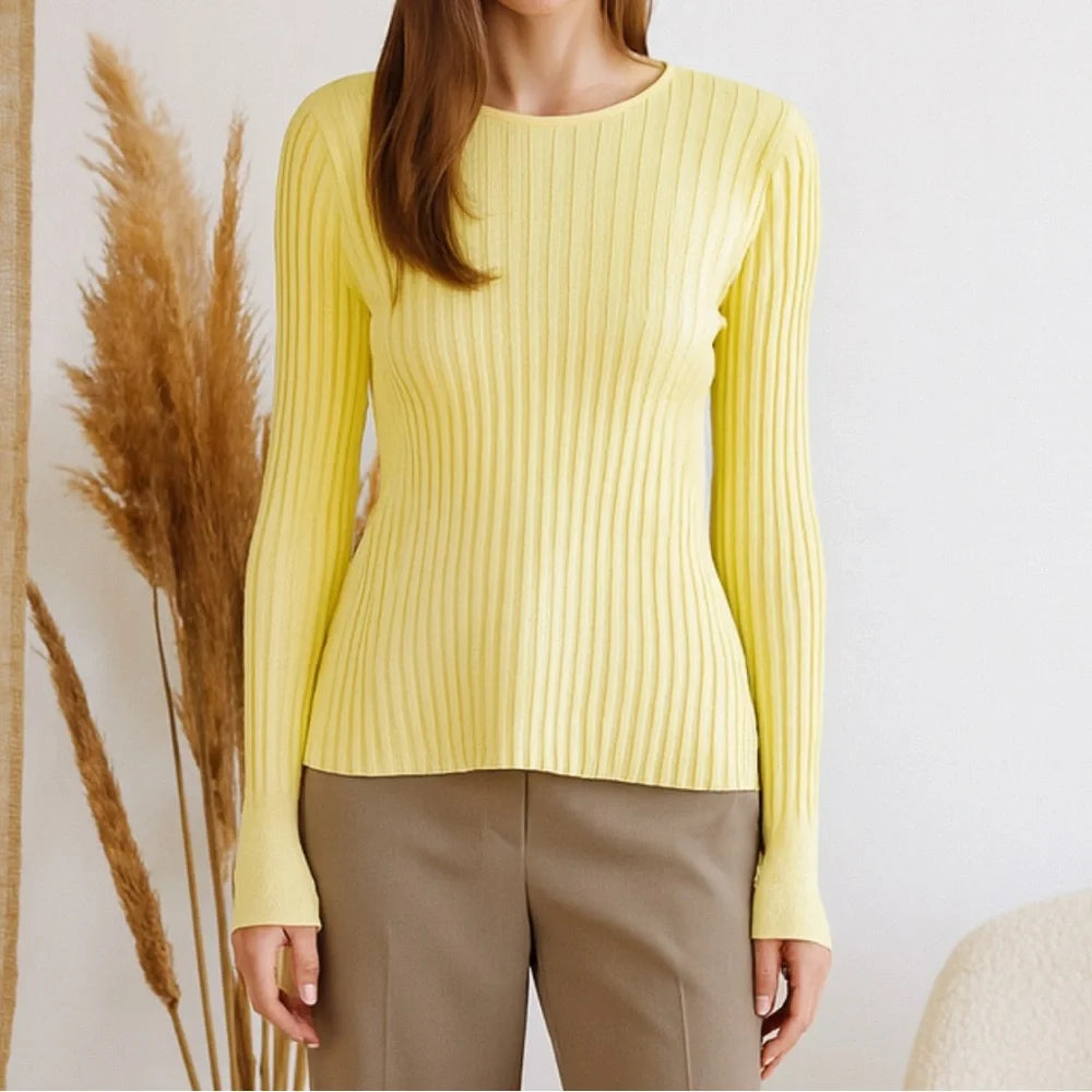 Cos Rib-Knit Crew Neck Long Sleeve Top in Yellow size S