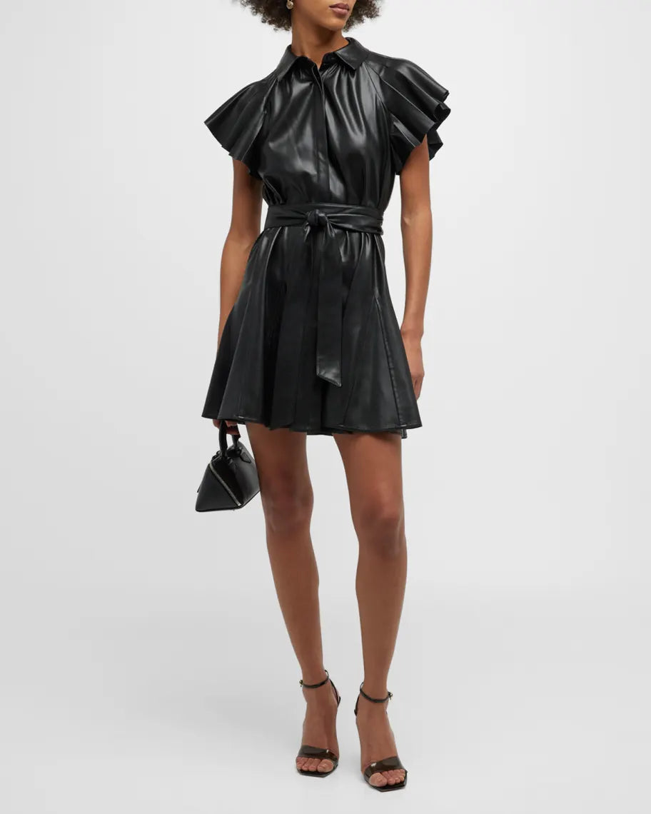 Alice and Olivia McKell Vegan Leather Flutter-Sleeve Mini Dress size 2