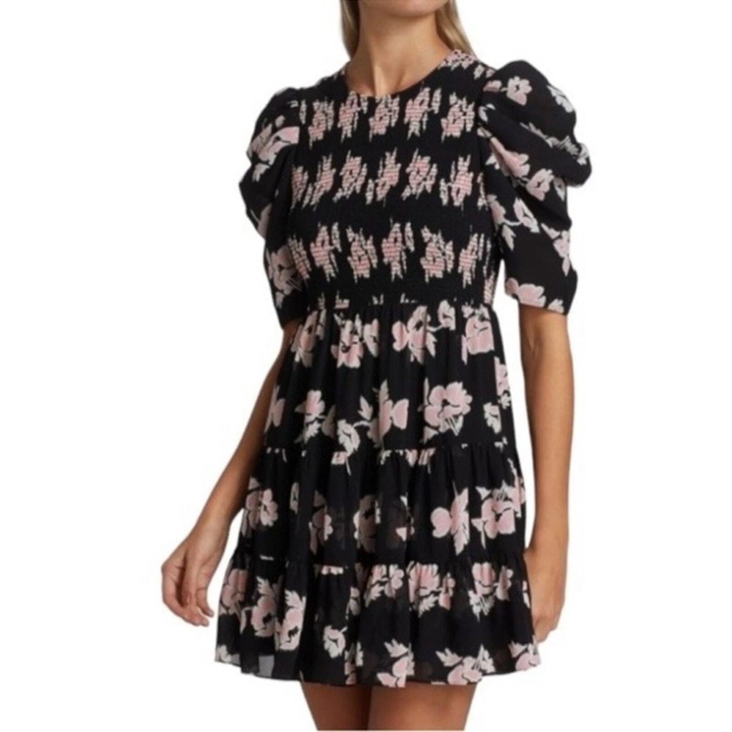 Cinq a Sept Hollis Floral Smocked Bodice Tiered Mini Dress size 4