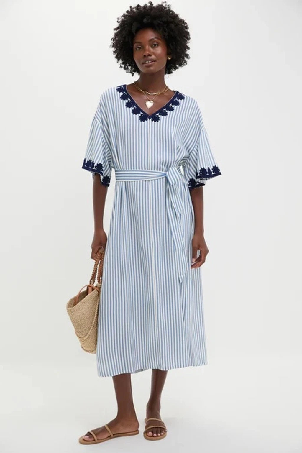 Tuckernuck Blue Stripe Embroidered Tie Waist Caftan size XXXL