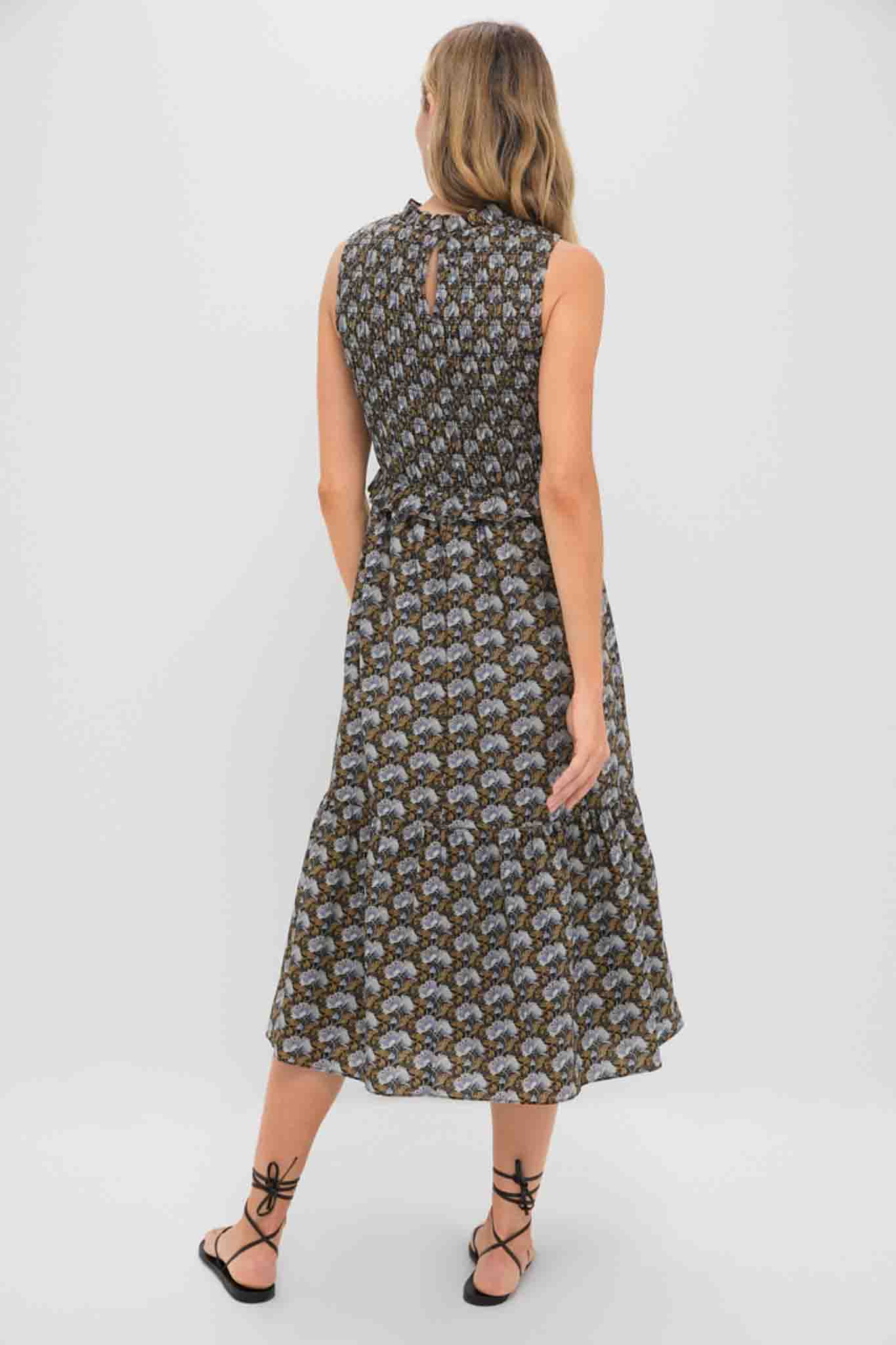 Hyacinth House Black Leafy Floral Smocked Seaton Midi Dress size S