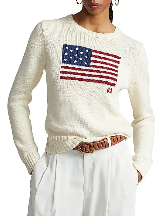 Polo Ralph Lauren Cream Flag Cotton Crewneck Sweater size L