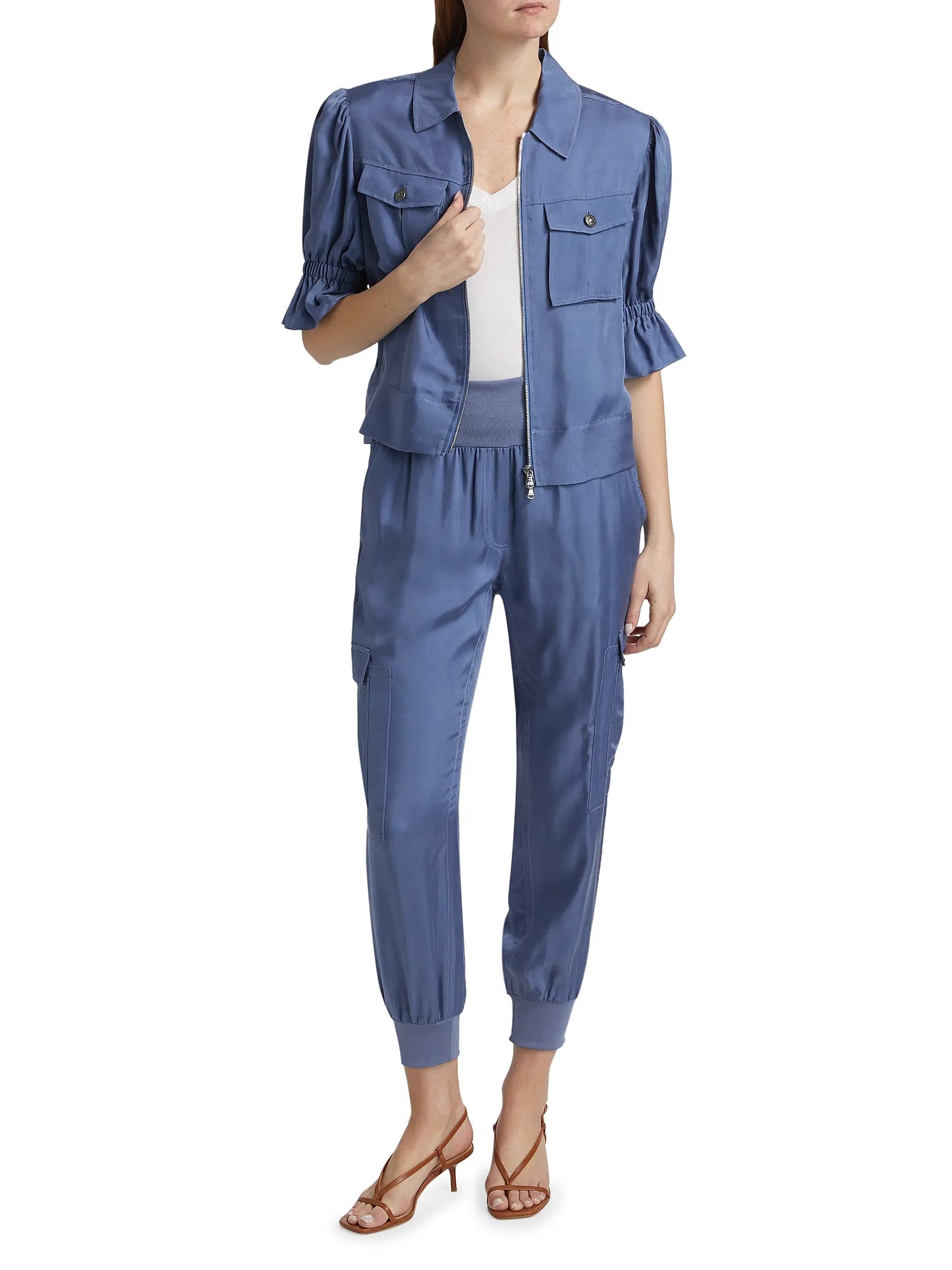 Cinq a Sept Holly Ruffle Sleeve Jacket In Indigo and Giles Cargo Joggers size M