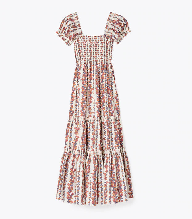 Tory Burch Smocked Floral-Print Midi Dress size S