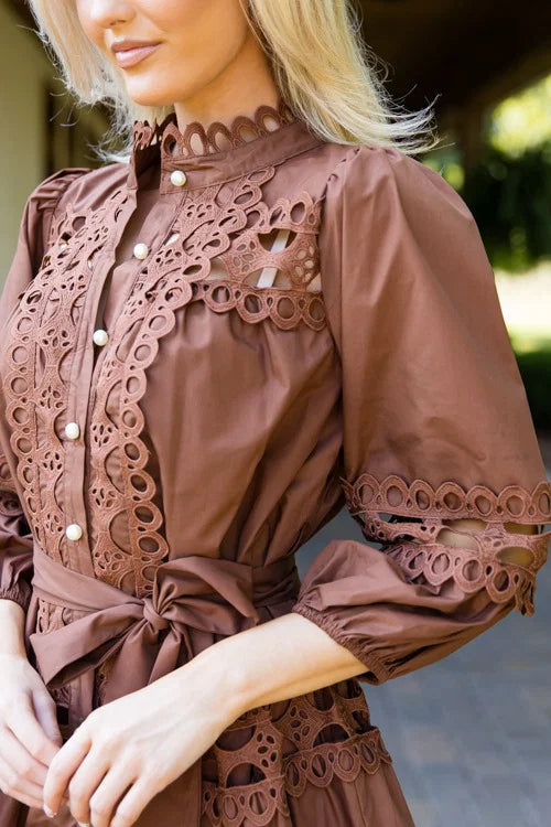 Entro Zosia Brown Lace Mini Dress with Pearl Buttons size M NWT
