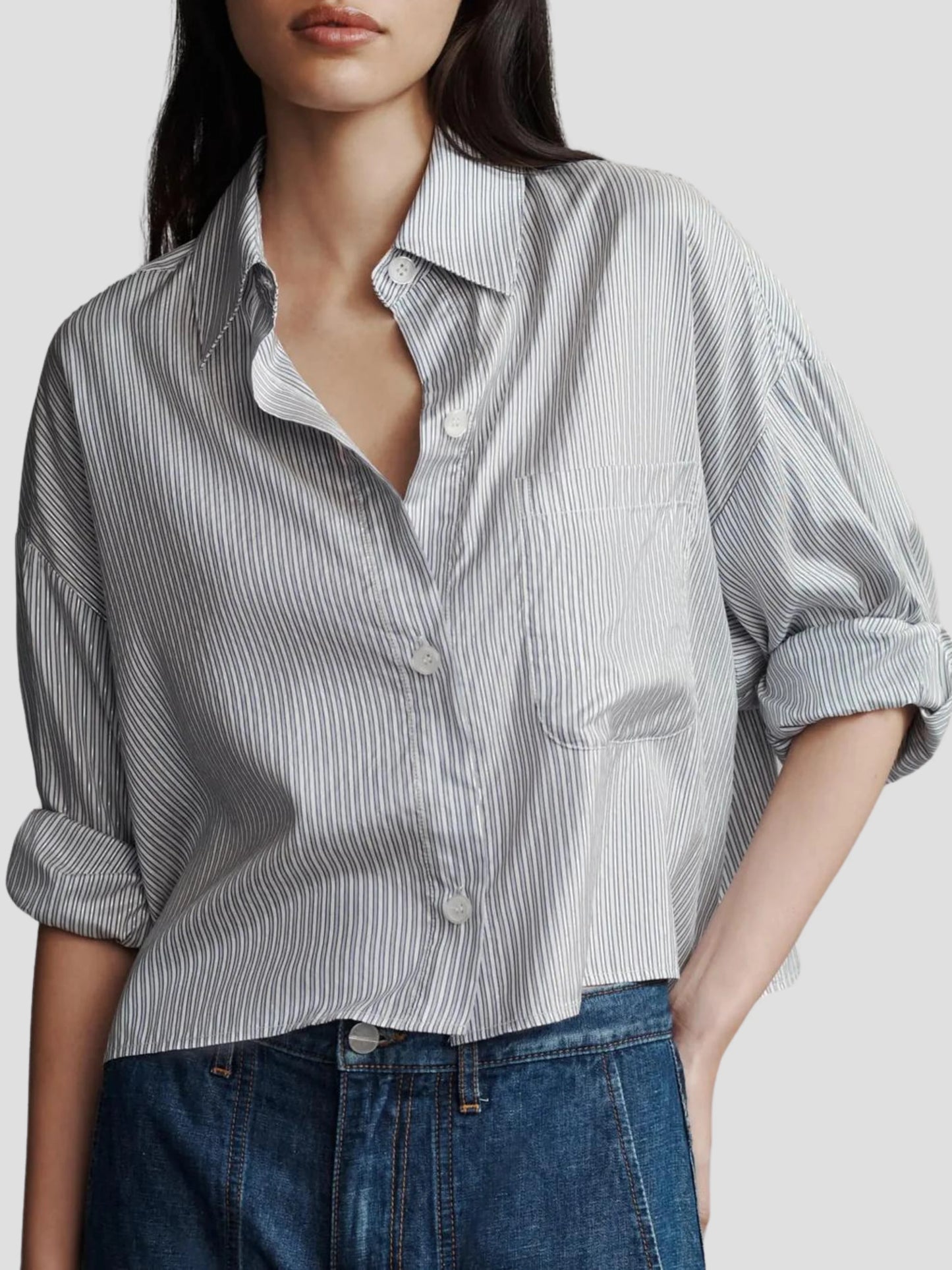 TWP Next Ex Silk Voile Cropped Shirt in Indigo Metallic Stripes size XS/S