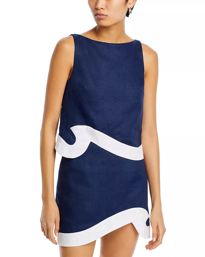 Staud Navy & White Linen Wave Raphael Top & Leandro Mini Skirt Set size 2/S