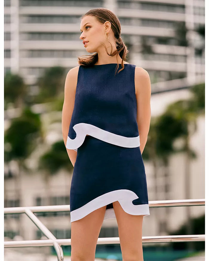 Staud Navy & White Linen Wave Raphael Top & Leandro Mini Skirt Set size 2/S