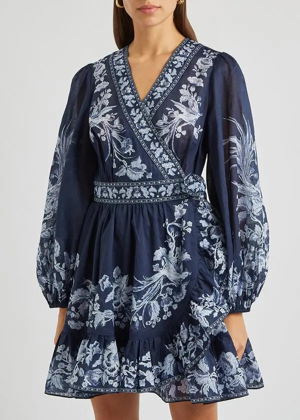 Zimmermann Aliane Floral-Print Cotton Wrap Dress size 0 US 4