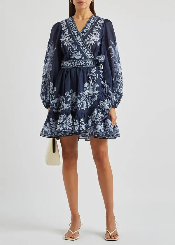 Zimmermann Aliane Floral-Print Cotton Wrap Dress size 0 US 4