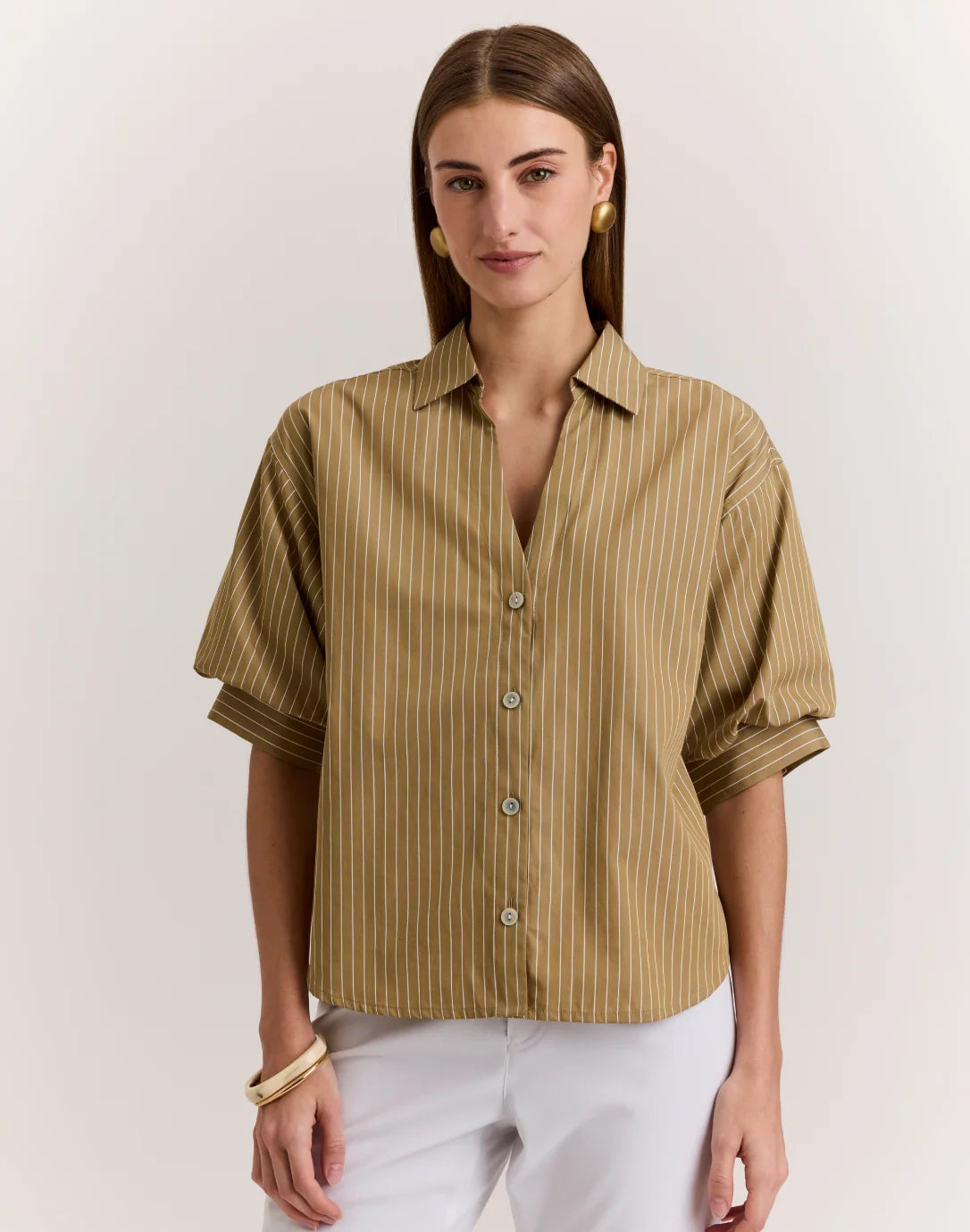 Hinson Wu Lilian Elbow Sleeve Pencil Stripe Shirt in Khaki/White Stripe size S