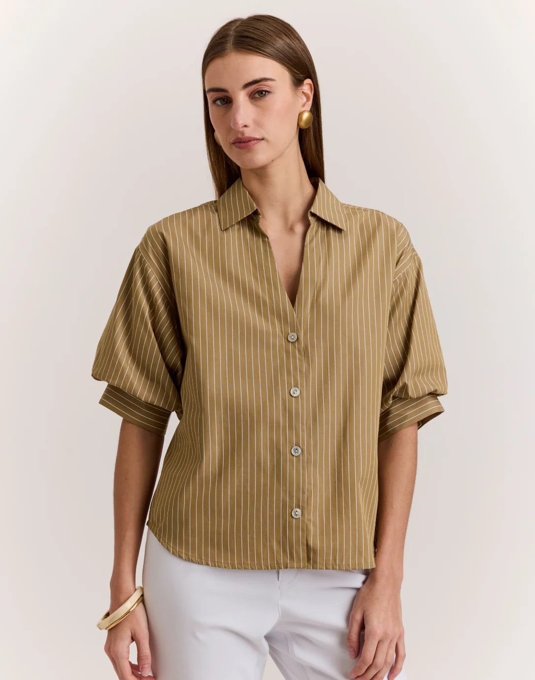 Hinson Wu Lilian Elbow Sleeve Pencil Stripe Shirt in Khaki/White Stripe size S