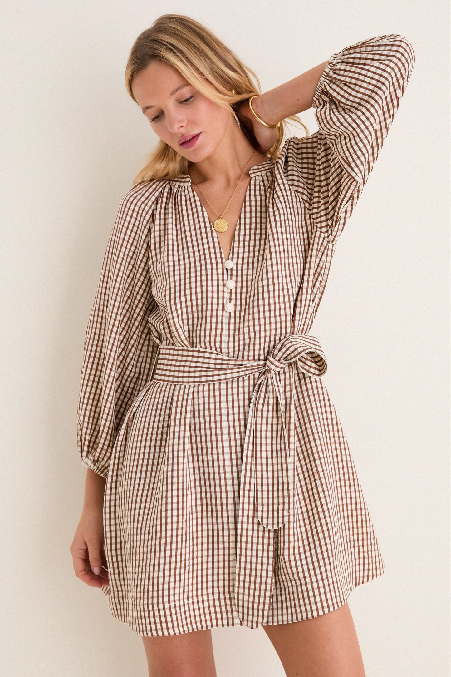 Pomander Place Harlow Mini Dress in Brown Gingham size S