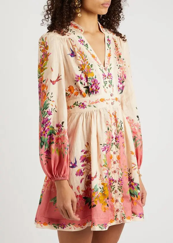 Zimmermann Tropicana Floral-Print Linen Mini Dress size 1 US 6
