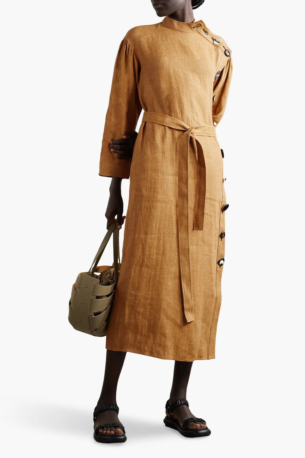 Tory Burch Belted Button-embellished Linen Midi Dress In Neutral size 14