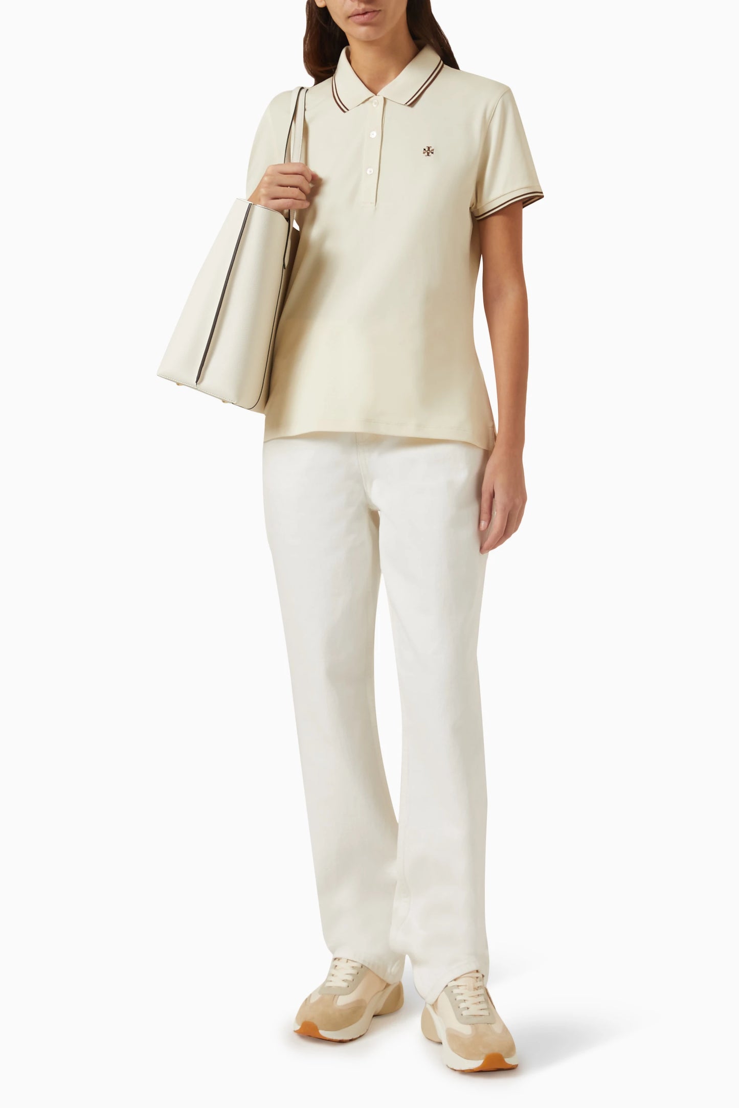 Tory Burch Classic Tech Pique Polo Shirt in Sesame Cream size S