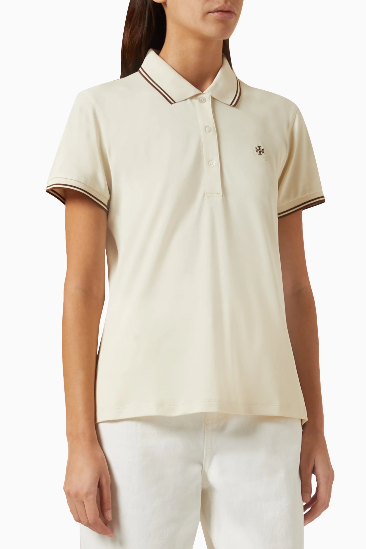 Tory Burch Classic Tech Pique Polo Shirt in Sesame Cream size S