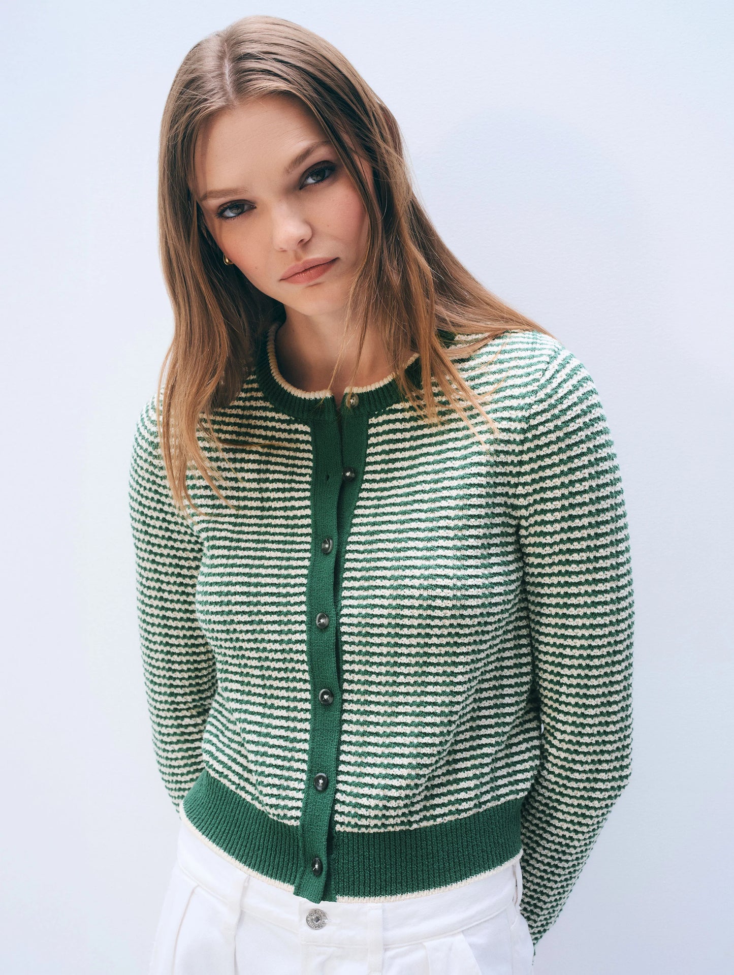 White + Warren Boucle Cardigan Ivy Green Stripe size S