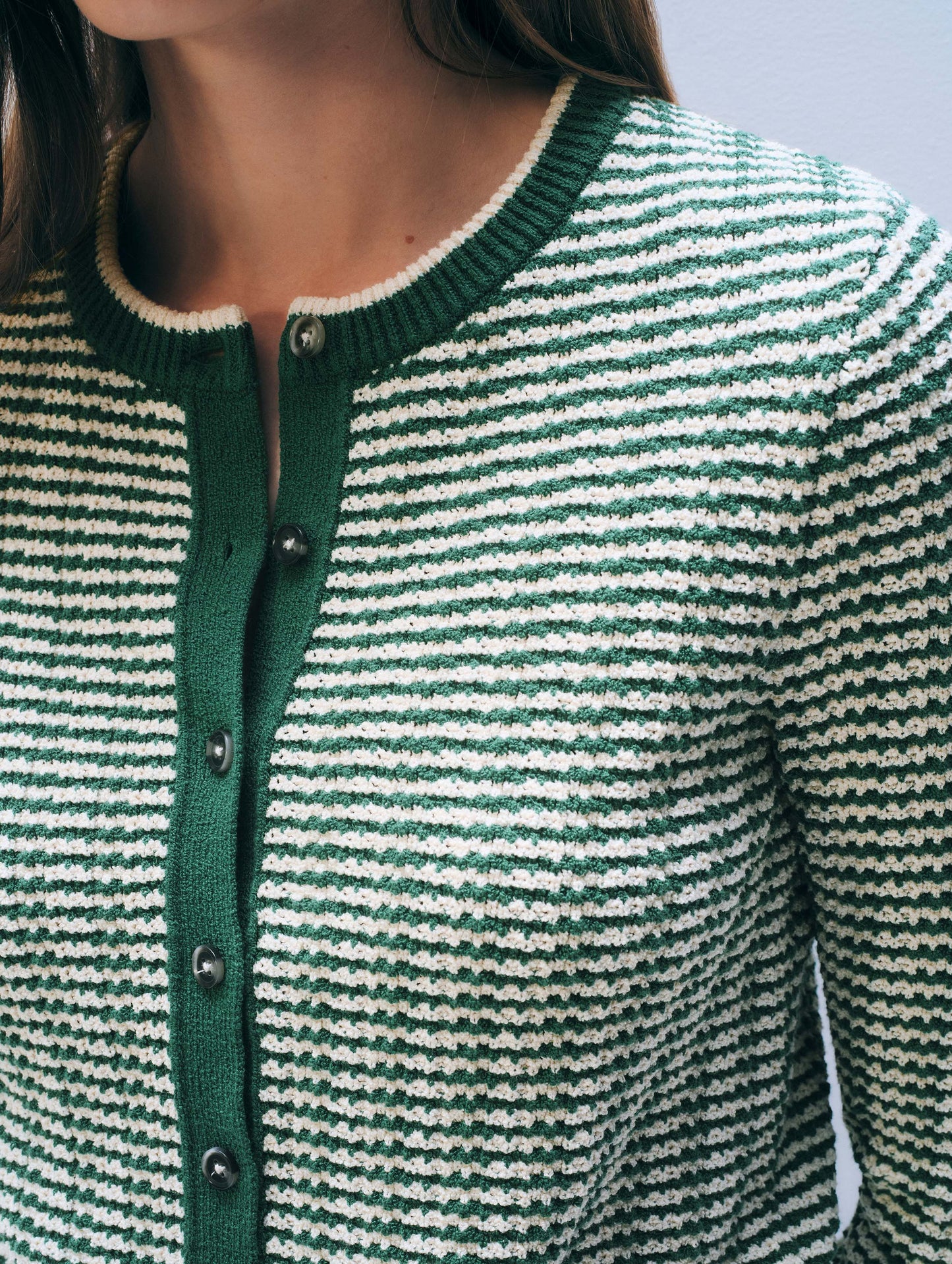 White + Warren Boucle Cardigan Ivy Green Stripe size S