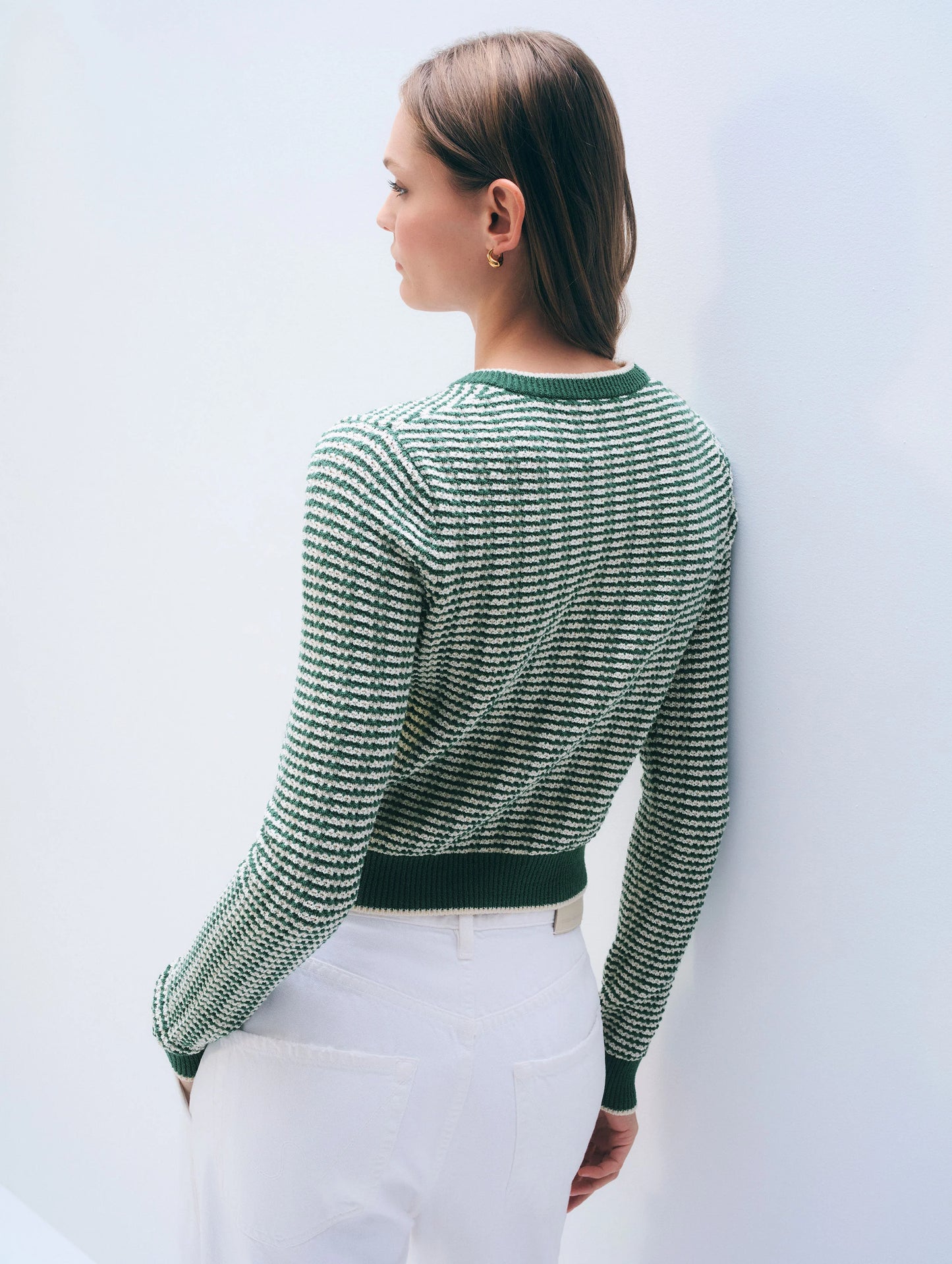White + Warren Boucle Cardigan Ivy Green Stripe size S