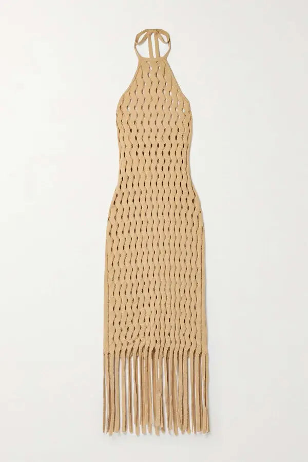 Cult Gaia Rubi Fringed Open Knit Cotton Halterneck Dress Coverup size S