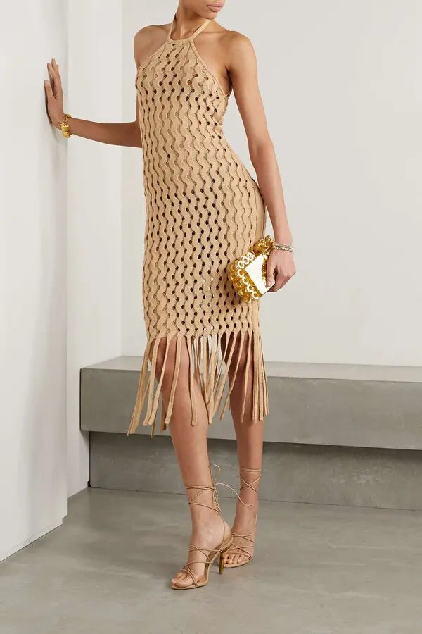 Cult Gaia Rubi Fringed Open Knit Cotton Halterneck Dress Coverup size S