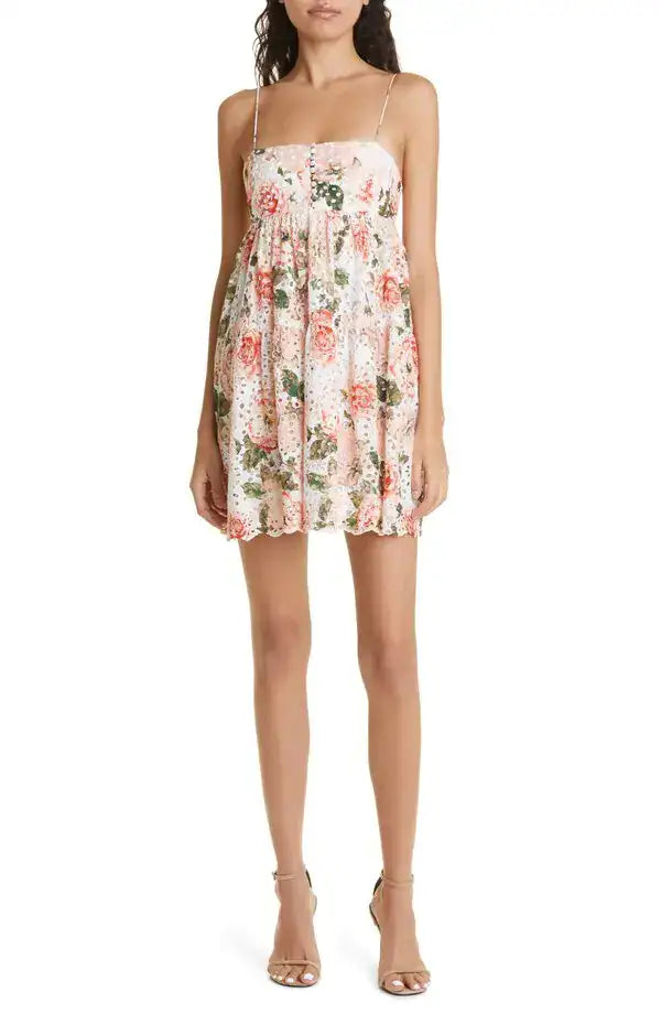 Alice and Olivia Lorelle Babydoll Eyelet Mini Dress Pastel Floral size 10