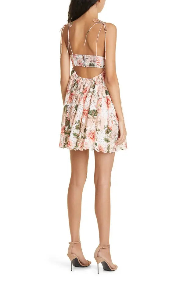 Alice and Olivia Lorelle Babydoll Eyelet Mini Dress Pastel Floral size 10