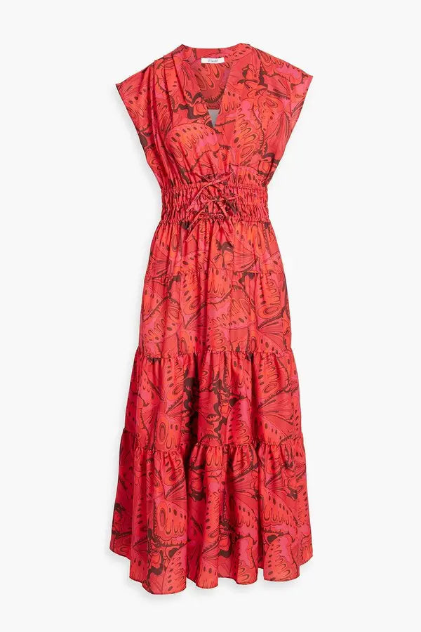 Derek Lam Fatima Tiered Printed Satin-Crepe Midi Dress size 0