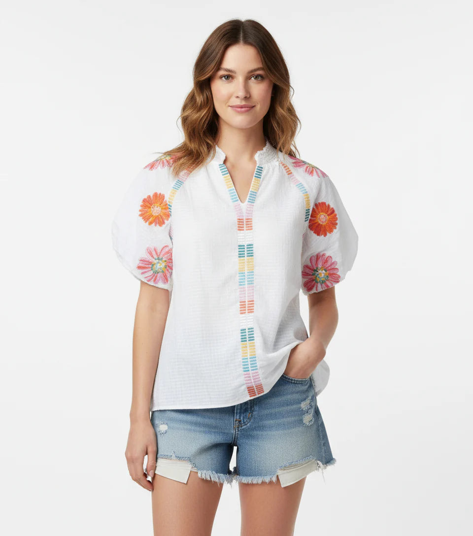 THML White Seersucker Puff Sleeve Embroidered Top size XS