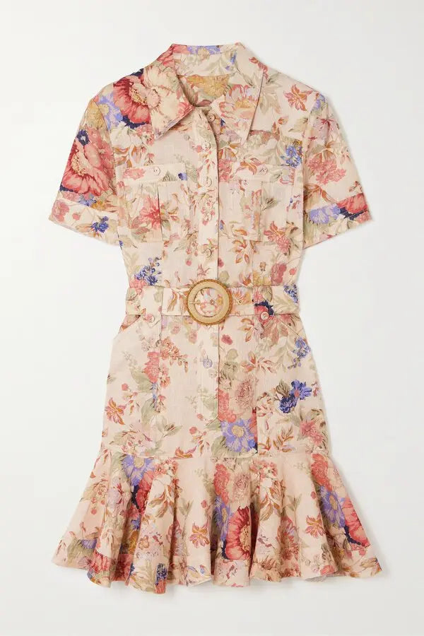 Zimmermann August Belted Ruffled Floral-Print Linen Mini Dress size 0P US 2P