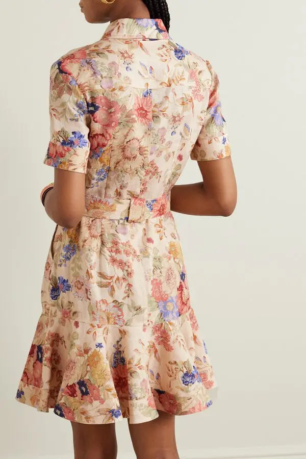 Zimmermann August Belted Ruffled Floral-Print Linen Mini Dress size 0P US 2P