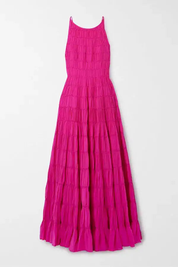 Aje Rosewood Tiered Shirred Ruffled Chiffon Gown Magenta size US 6