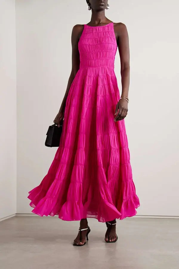 Aje Rosewood Tiered Shirred Ruffled Chiffon Gown Magenta size US 6