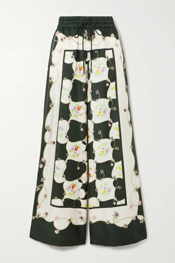Alemais Venus Printed Silk-Twill Wide-Leg Pants size 4