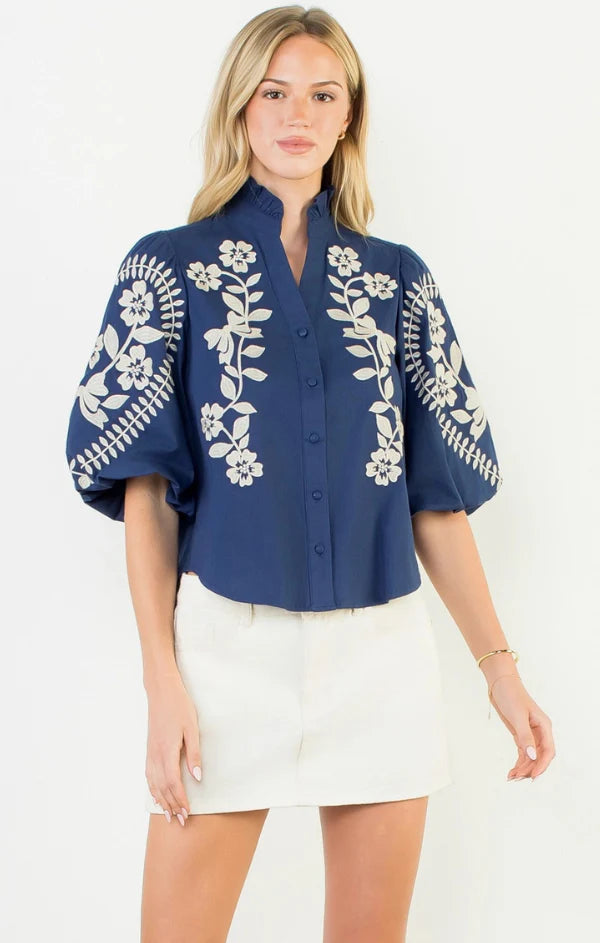 THML Polly Puff Sleeve Floral Embroidered Top size S