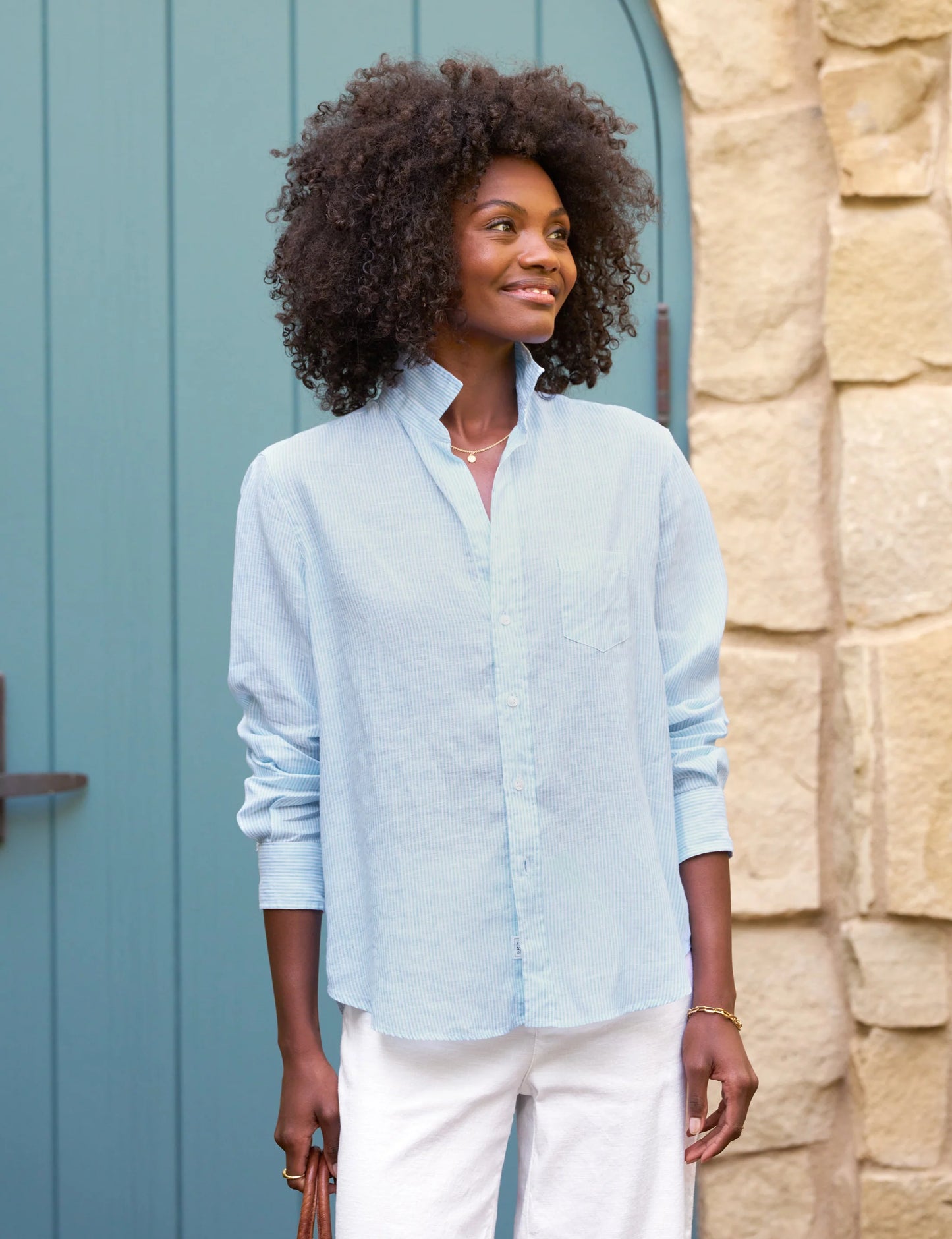 Frank and Eileen Eileen Stripe Linen Shirt in Turquoise size S